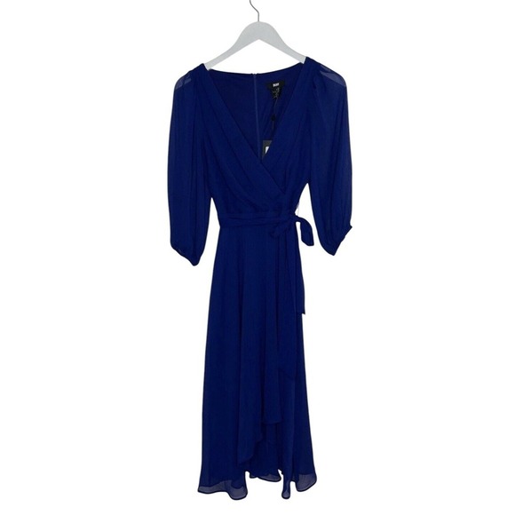 DKNY Cobalt Blue Belted Puff Sleeve Chiffon Dress Size 2 NWT - Picture 1 of 5